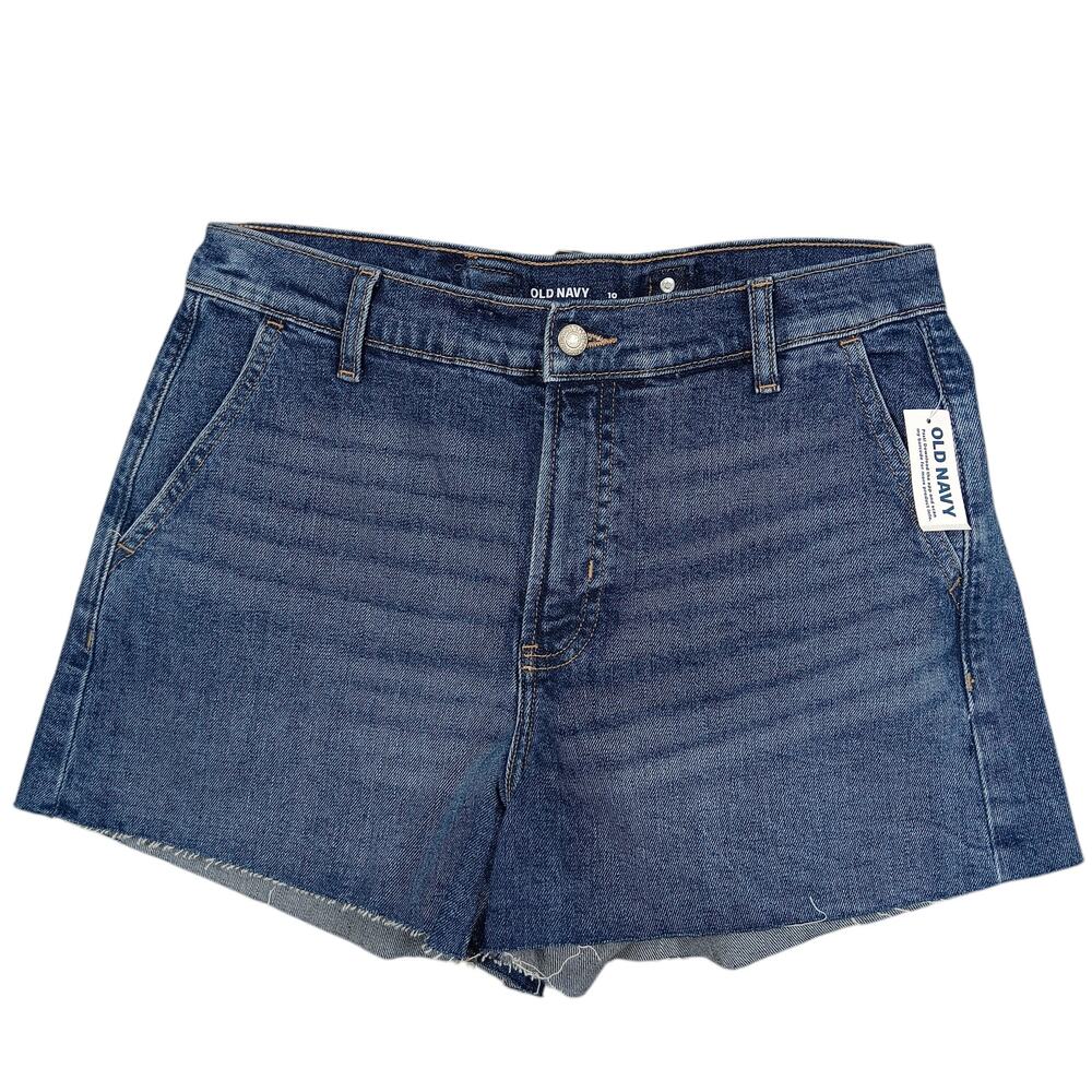 Old Navy Sky Hi A Line Denim Shorts Size 10 Raw Hems Blue Secret Smooth Pockets